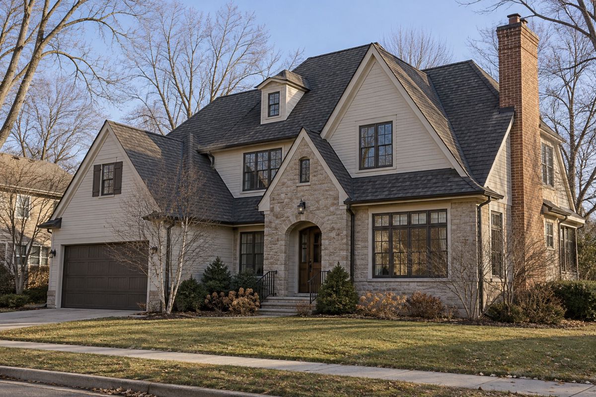 Two-story house with valleys, a dormer and a brick chimney on the roof