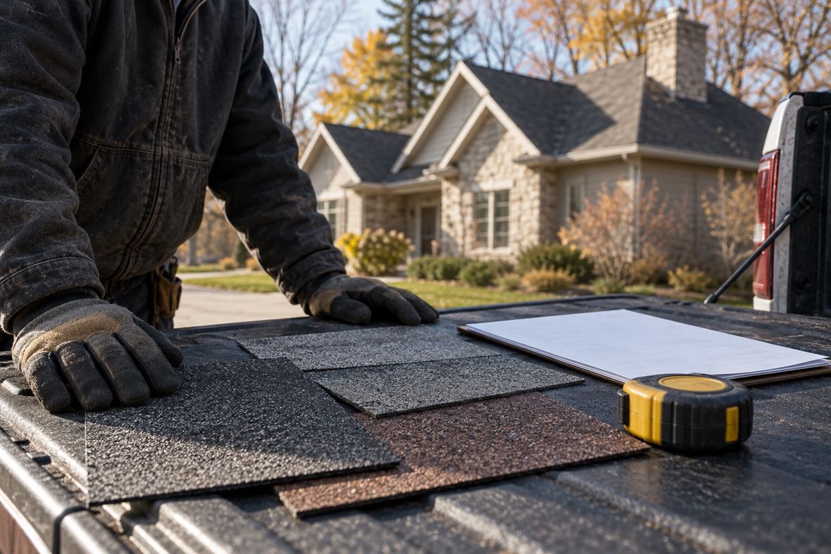 Shingle samples and a tape measure beside a roofer's gloved hands