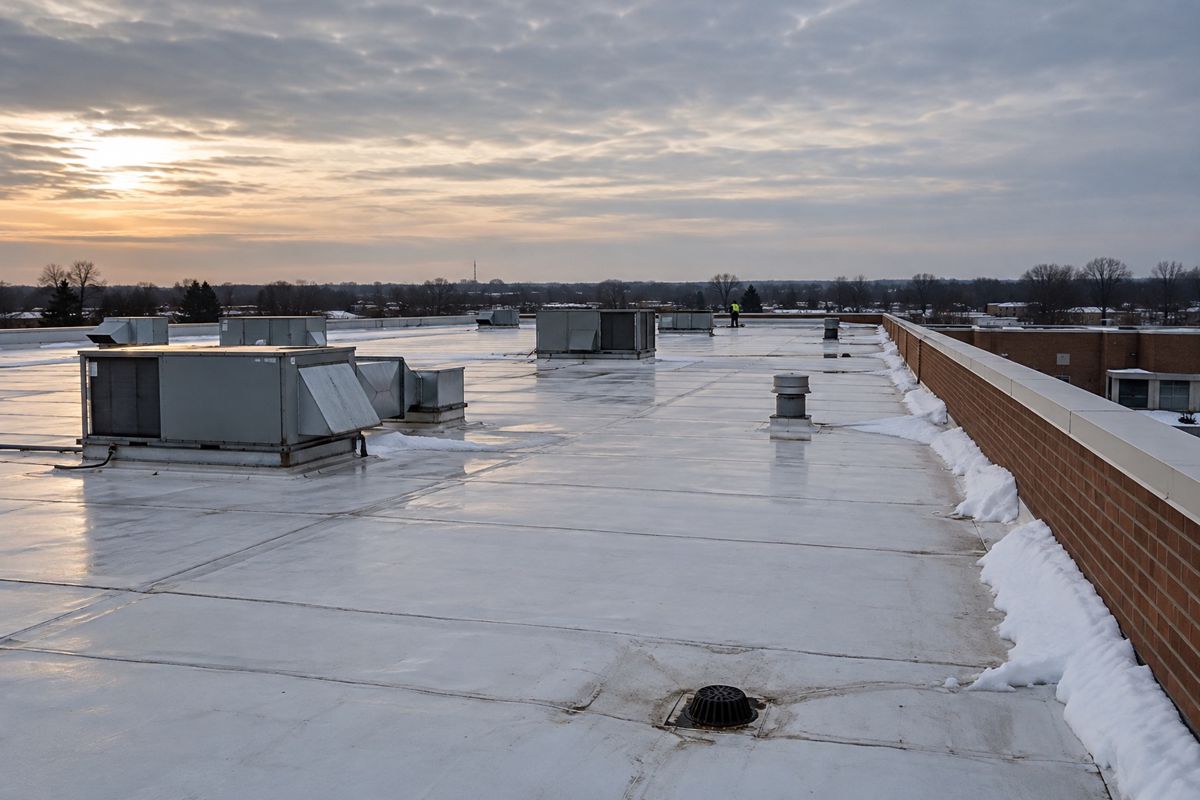 White membrane flat roof with rooftop units and parapet on a warehouse