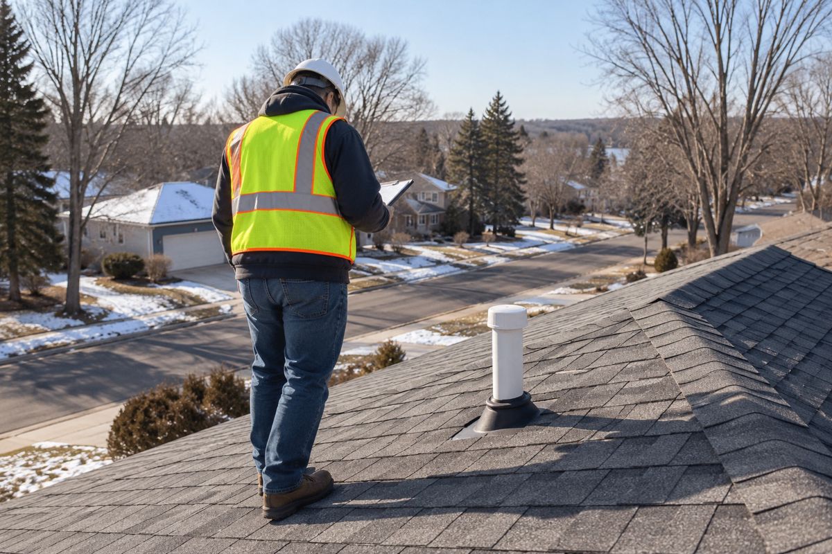 Inspector seen from behind checking shingles on a pitched roof