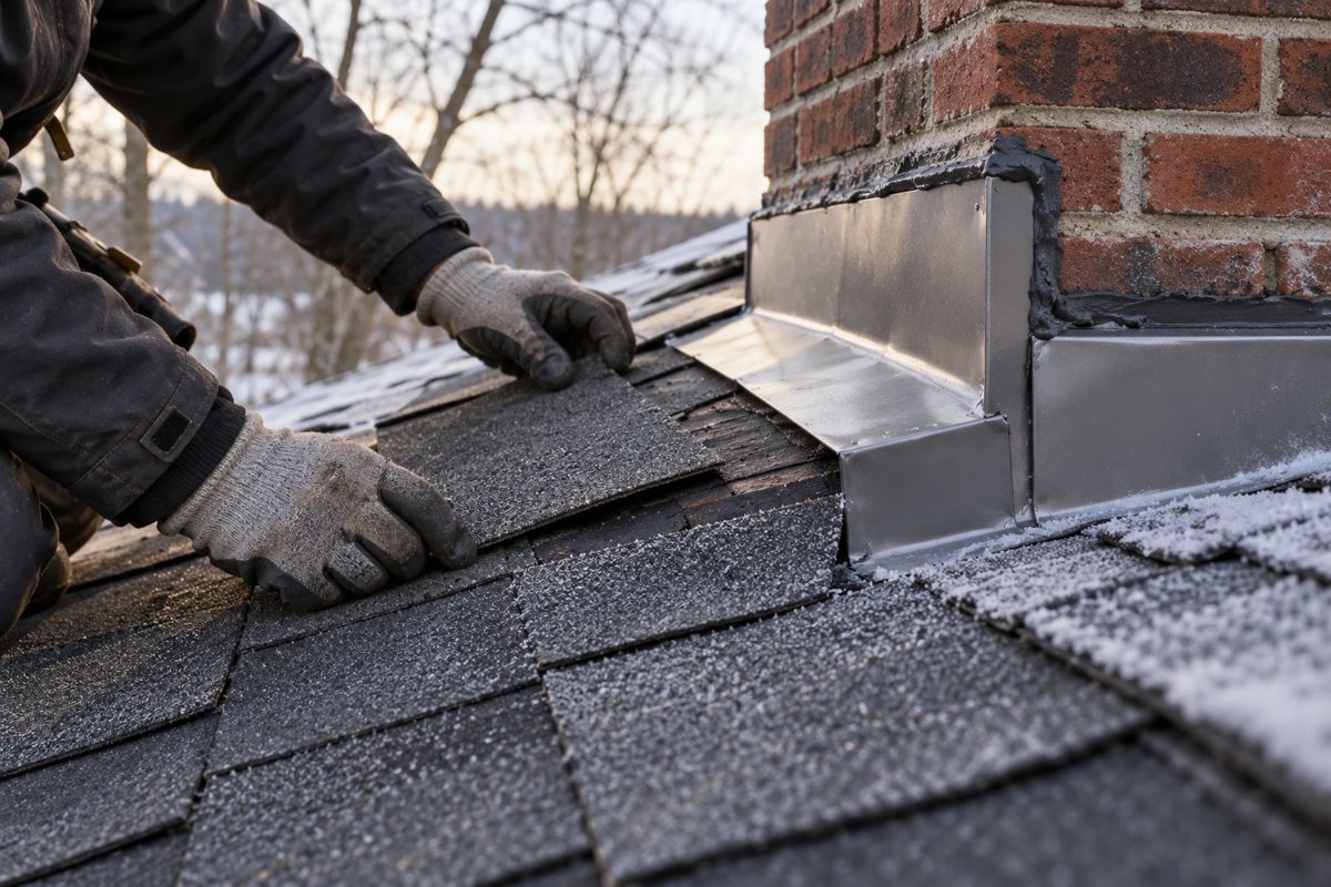 Gloved hands repairing shingles and flashing beside a brick chimney