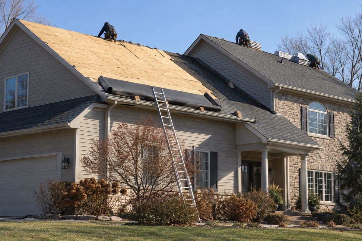 Half-stripped roof with new gray shingles going on a Wisconsin house