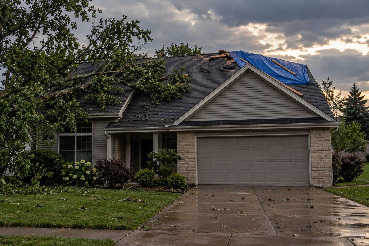 Storm-damaged shingle roof with a fallen branch and partial tarp